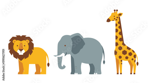 Cute Flat Design Safari Animals: Lion, Elephant, Giraffe Vector Illustration