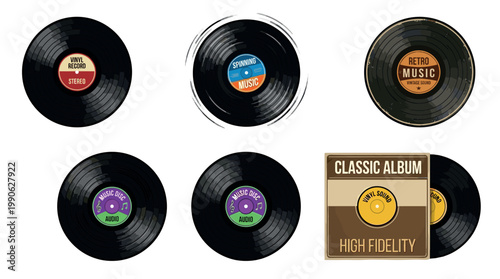 Collection of vintage vinyl records with various labels and sleeves representing classic audio, retro sound, and high-fidelity music culture.