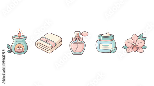Collection of cute beauty and spa items, including a candle, towels, perfume, cream, and an orchid, perfect for self-care and relaxation.