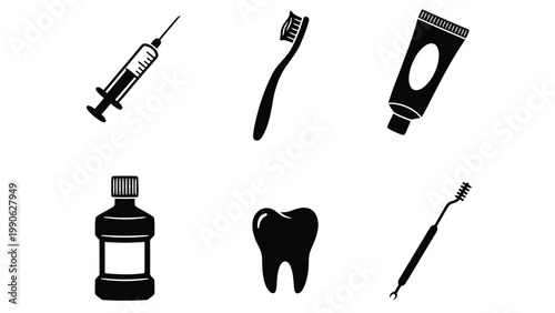 Dental and Oral Hygiene Icons Set. Toothbrush, Toothpaste, Mouthwash, Tooth, and Syringe for Healthcare and Medical Concepts.