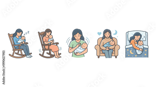 Mother and baby bonding, sleeping, and comforting moments beautifully illustrated in a heartwarming sequence of nurturing maternal care activities.