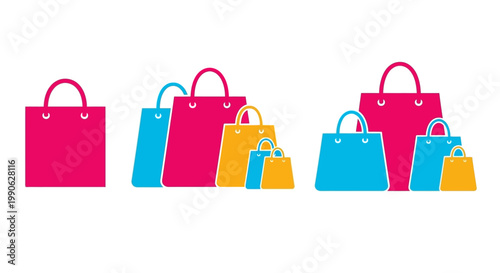Vector illustration of shopping bags in various sizes and colors, symbolizing consumerism and retail