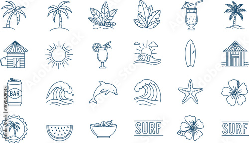 Collection of tropical and beach-themed doodles for summer vibes
