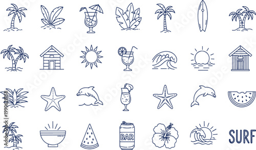Collection of tropical and beach-themed icons for a summery visual guide