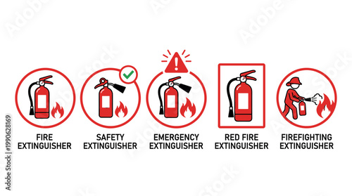Fire extinguisher icons representing various safety, emergency, and firefighting situations, illustrating essential equipment for hazard prevention.