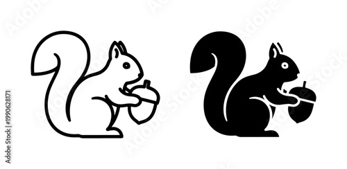 Squirrel holding acorn icon set in outline and solid style