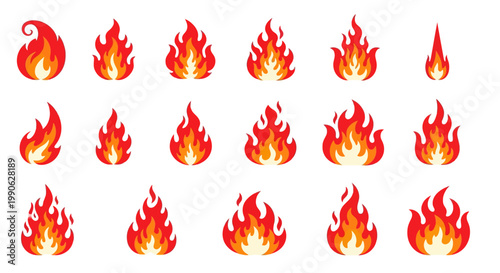 Collection of assorted stylized flame icons, each designed with a vibrant orange and red hue, representing different intensities and shapes of fire