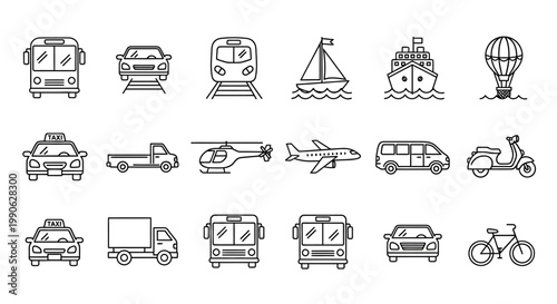 Set of various transportation icons, including cars, trains, boats, and aircraft, for design and web projects