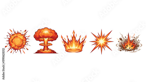 Various cartoon explosion effects and fire bursts illustrate dynamic energy and impact, perfect for graphic design elements and visual storytelling.