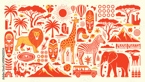 Vibrant african safari and cultural elements illustration