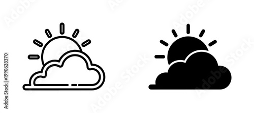 Sun behind cloud weather icon set in outline and solid style
