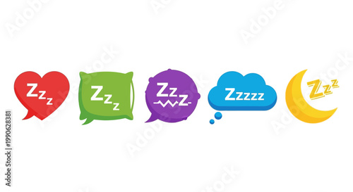 Sleeping icons set with Zzz text, colorful sleep symbols including pillow and moon, bedtime dream bubbles for health and wellness apps