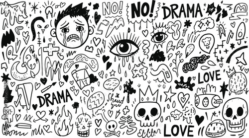 Chaotic black and white graffiti-style illustration of mixed emotions and symbols.