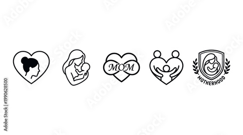 Motherhood and family love icons collection featuring various symbols of maternal care, parental affection, and the bond between a mother and child.
