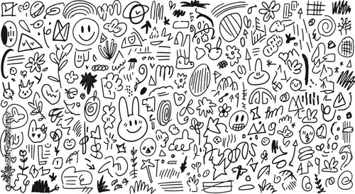 Whimsical abstract doodles and symbols forming a chaotic black and white composition