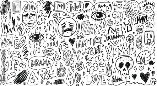 Chaotic sketch exploring dark emotions and abstract symbols in grayscale art