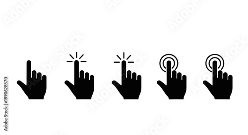 Minimalist hand cursor icon set, black clicking finger pointer symbols, 5 vector touch screen gesture elements for web and app interface design