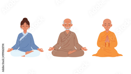 Diverse people meditating in traditional robes. Spiritual practice, mindfulness, and inner peace concept.