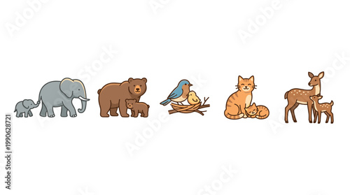 Cute animal families with their young offspring are depicted in a charming cartoon style, illustrating the bond between parents and babies.