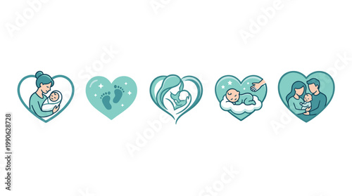 Baby family love care parenting icons collection featuring various heartwarming illustrations of newborns, parents, and tender moments within a heart shape, symbolizing affection and new life.