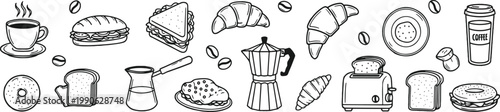 Assorted breakfast items and kitchen appliances illustrated in a simple sketch style