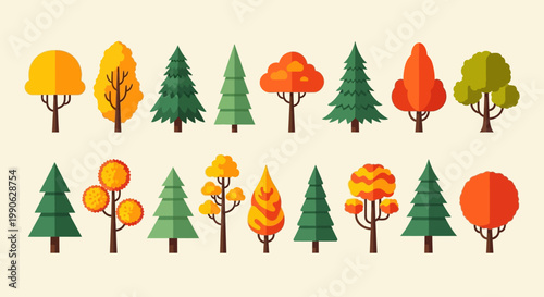 Flat autumn tree icons set, colorful fall forest foliage collection, 16 minimalist deciduous and evergreen tree vector illustrations for seasonal design