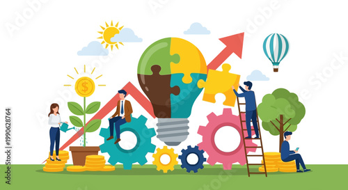 Creative business teamwork concept with lightbulb puzzle, professional people building success strategy, financial growth and innovation vector