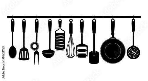 Black kitchen utensils silhouette icons hanging on rack, professional culinary tools set, minimalist cooking equipment vector illustration
