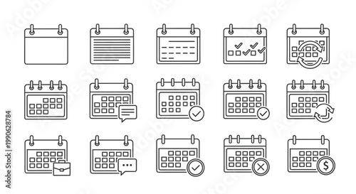Minimalist calendar line icon set, 15 business schedule and planning vector elements, thin stroke organizer icons for project management and appointment booking