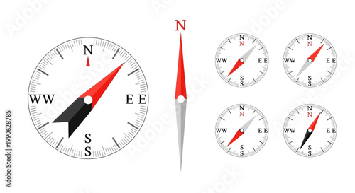 Foto Magnetic compass icon set with red needle, navigation directional arrows for tra