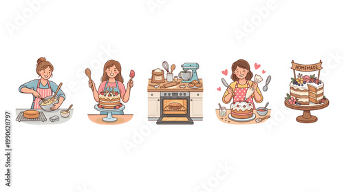 Charming illustration depicting the entire process of baking a delicious homemade cake, from mixing batter to the beautifully decorated final product.