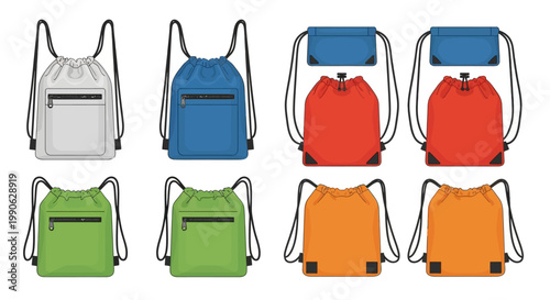 Drawstring backpack vector mockups, colorful cinch bag set with front zipper pocket, athletic string bag collection for sports and gym branding