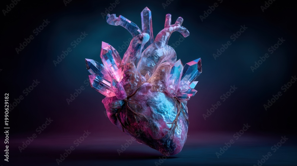 Obraz premium Creative representation of a heart structure with vibrant crystal formations and glowing neon effects in a dark background