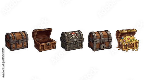 Five cartoon treasure chests in various states of being closed, open, locked, and filled with sparkling gold and precious gems, illustrating adventure and wealth.