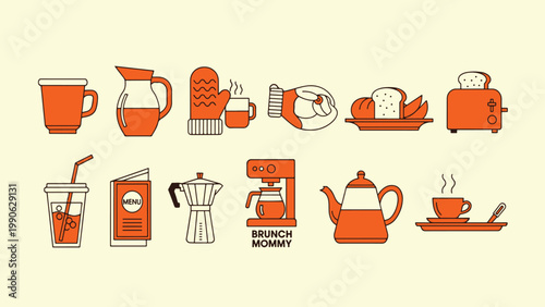 Assorted breakfast and coffee preparation items illustrated in vibrant orange