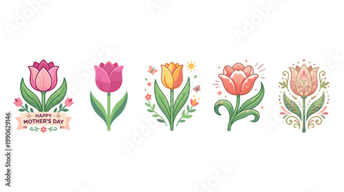 Five colorful stylized tulip flowers are beautifully arranged in a row, featuring various designs and vibrant hues, perfect for spring celebrations and floral themes.