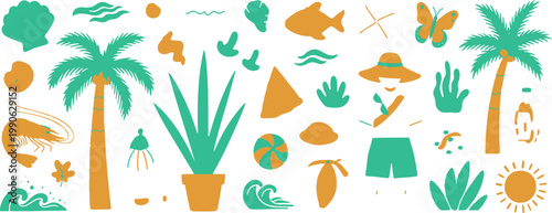 Vibrant tropical and beach-themed illustration collection with various elements