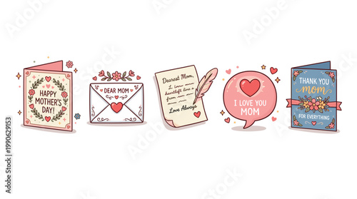 Mother's Day cards, letters, and messages are beautifully illustrated with hearts and flowers, conveying love and appreciation for moms.