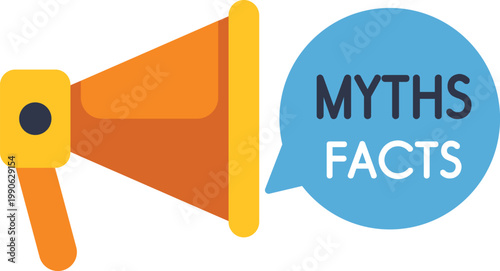 Megaphone icon broadcasting speech bubble with myths versus facts text