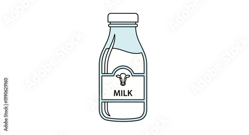 A stylized cartoon bottle filled with milk, featuring a cow icon and text