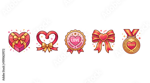 Cute cartoon love celebration achievement themed illustrations featuring heart-shaped gifts, bows, badges, and a winner's medal, perfect for romantic events and special occasions.