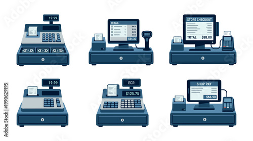 Point of sale systems collection showing various retail checkout devices, including cash registers, monitors, and payment terminals for modern commerce.