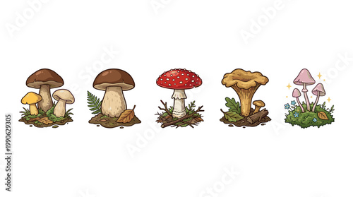 Various types of colorful cartoon mushrooms growing in nature, showcasing different shapes, sizes, and vibrant colors in a charming illustration style.