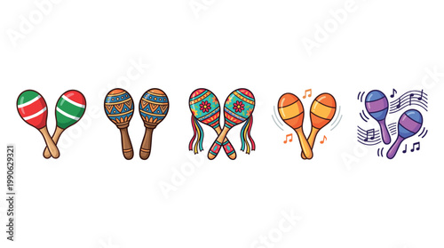 Colorful cartoon maracas musical instruments collection showcasing various designs and vibrant patterns for festive celebrations and cultural events.