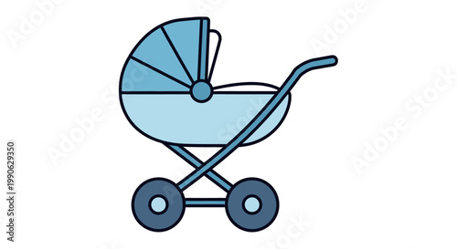 Simple illustration of a blue baby carriage with a canopy and wheels