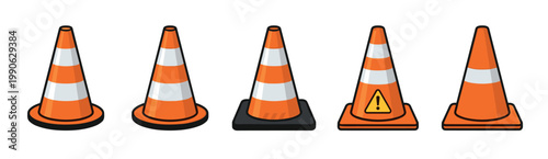 Five orange and white traffic cones are arranged in a row, with one featuring a warning sign, illustrating road safety and construction.