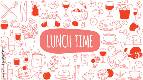 Vibrant illustration celebrating the joy and variety of lunch time meals and drinks