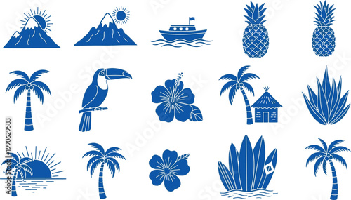 Vibrant tropical and beach-themed illustration collection featuring iconic symbols