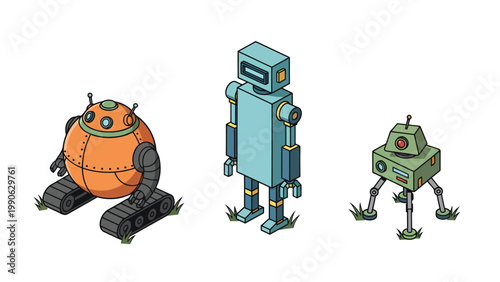 Set of Diverse Isometric Cartoon Robots - AI, Automation, and Sci-Fi Technology Illustration