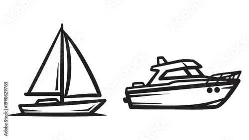 Sailboat and Motorboat Side by Side Line Drawing